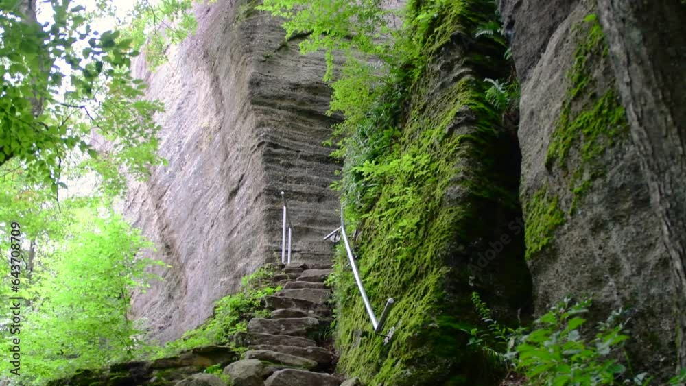 kinzua state park Rimrock rock steps, overcast day, people walking up, real time selective focus video