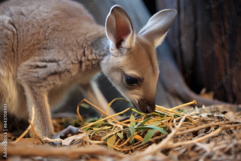 kangaroo joey playfully nibbling on pouch edge kangaroo joey playfully nibbling on pouch edge