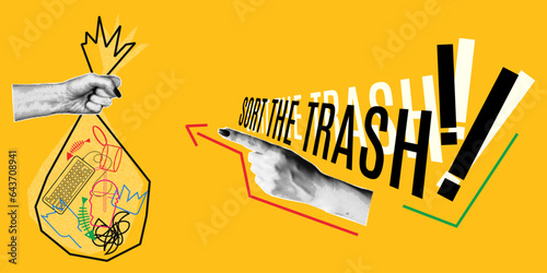 Retro collage calling for sorting garbage. Hand with halftone effect in vintage style. Aesthetics of the 90s. Text sort garbage. Vector illustration of background with retro line drawing of trash.