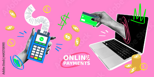 Retro collage on the topic of online payment for purchases. Halftone effect hands in vintage 90s style. Vector illustration, terminal in hand, credit card, computer.