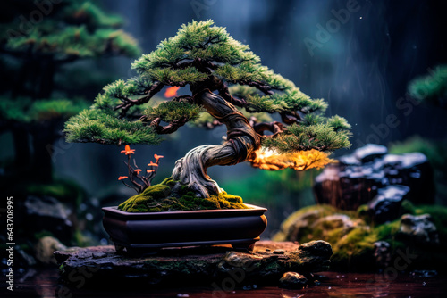 Generative AI illustration of valuable century-old bonsai tree with blurred background. Japanese miniature tree