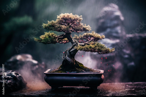 Generative AI illustration of valuable century-old bonsai tree with blurred background. Japanese miniature tree