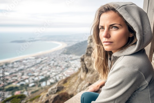 Photography in the style of pensive portraiture of a jovial girl in her 40s wearing a cozy sweater at the table mountain in cape town south africa. With generative AI technology