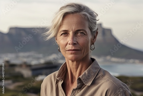 Close-up portrait photography of a blissful mature woman wearing a vented fishing shirt at the table mountain in cape town south africa. With generative AI technology © Markus Schröder