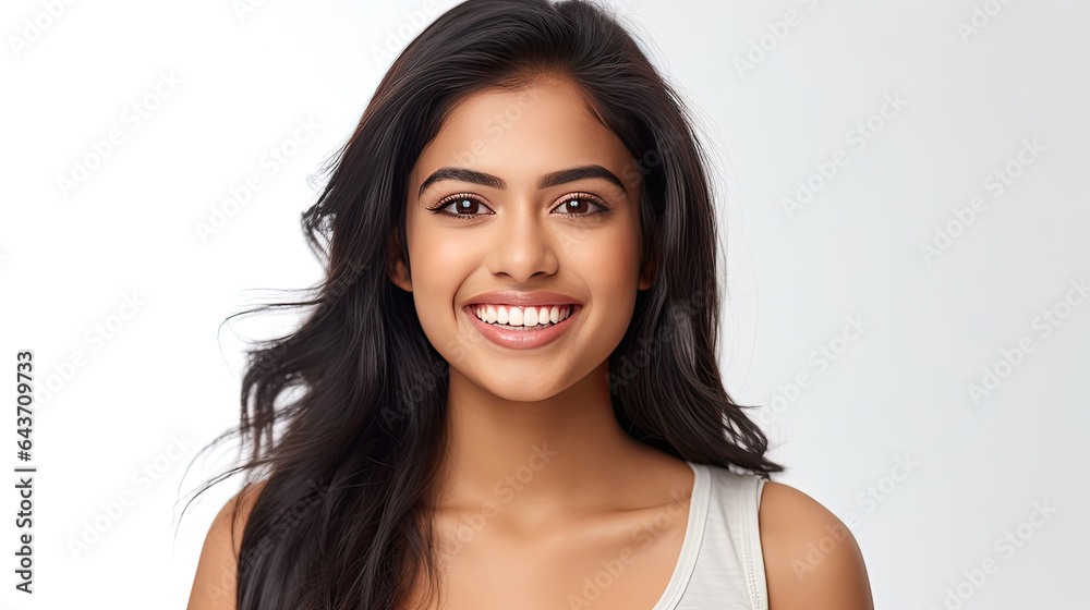 A beautiful young asian indian model woman smiling with clean teeth isolated on white background. Generative Ai A beautiful young asian indian model woman smiling with clean teeth isolated on white background. Generative Ai