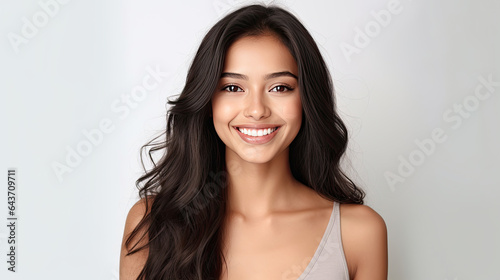 A beautiful young asian indian model woman smiling with clean teeth isolated on white background. Generative Ai