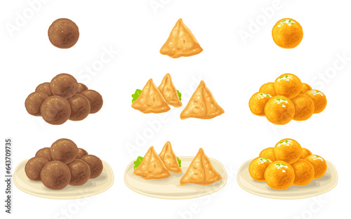 Indian traditional food with sauces in bowl. Vector color engraving