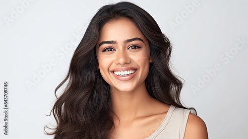 A beautiful young asian indian model woman smiling with clean teeth isolated on white background. Generative Ai