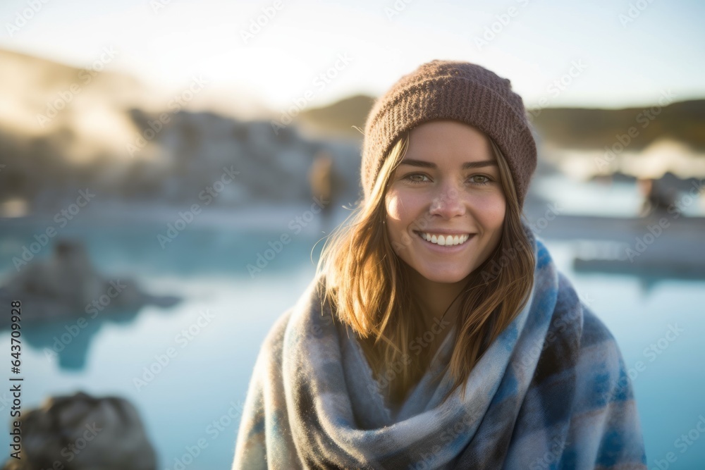 Obraz na płótnie Medium shot portrait photography of a grinning girl in her 30s wearing a gorgeous silk scarf at the blue lagoon in reykjavik iceland. With generative AI technology w salonie