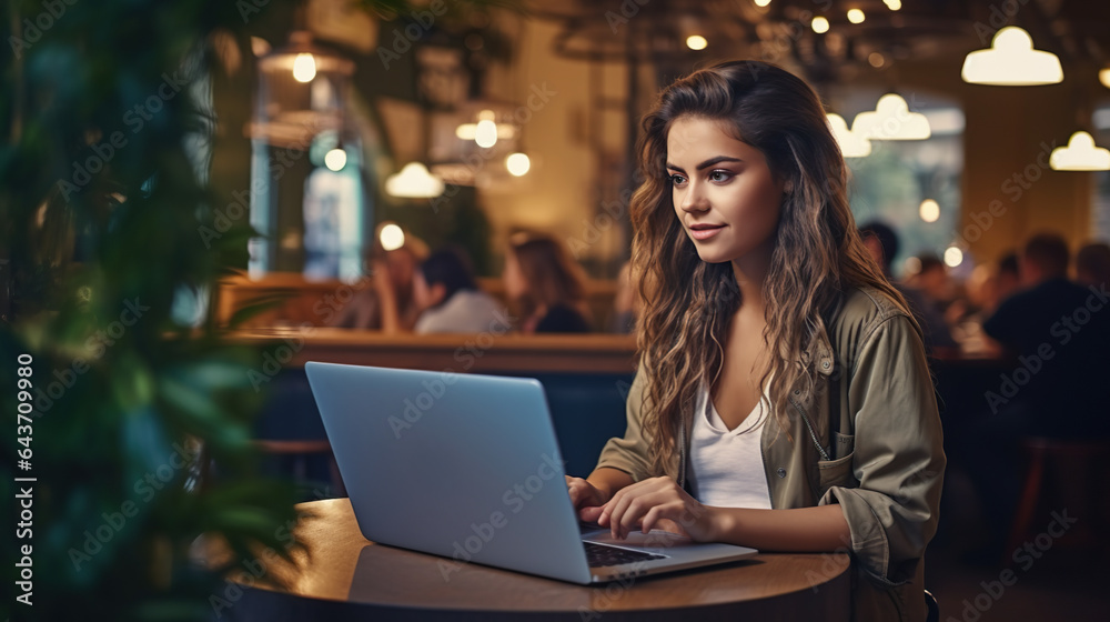 Young Woman Focused on Laptop in Busy Cafe Setting, generative Ai Young Woman Focused on Laptop in Busy Cafe Setting, generative Ai