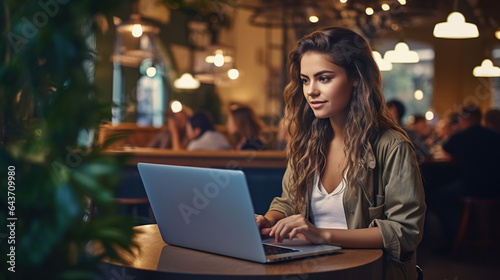 Young Woman Focused on Laptop in Busy Cafe Setting, generative Ai