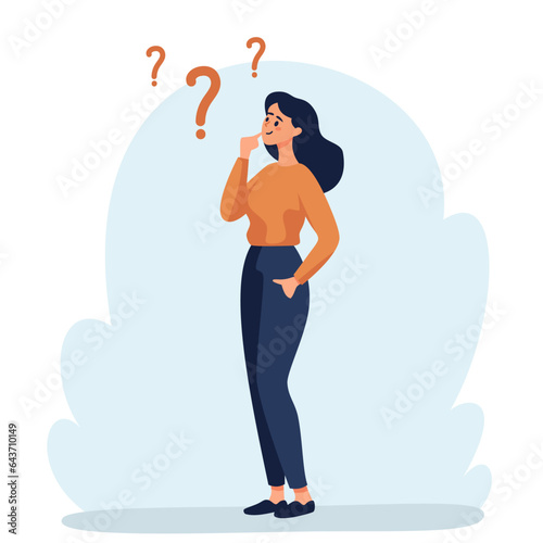 Flat vector illustration. Woman standing in a pensive pose. The concept of searching for the solution of the problem . Vector illustration