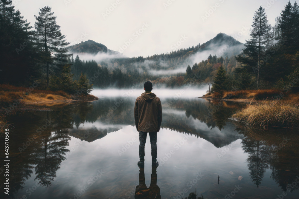 Fototapeta premium man looking at the lake in the evening. back view of a lonely guy, mountains, hills, a pond. travel and hiking