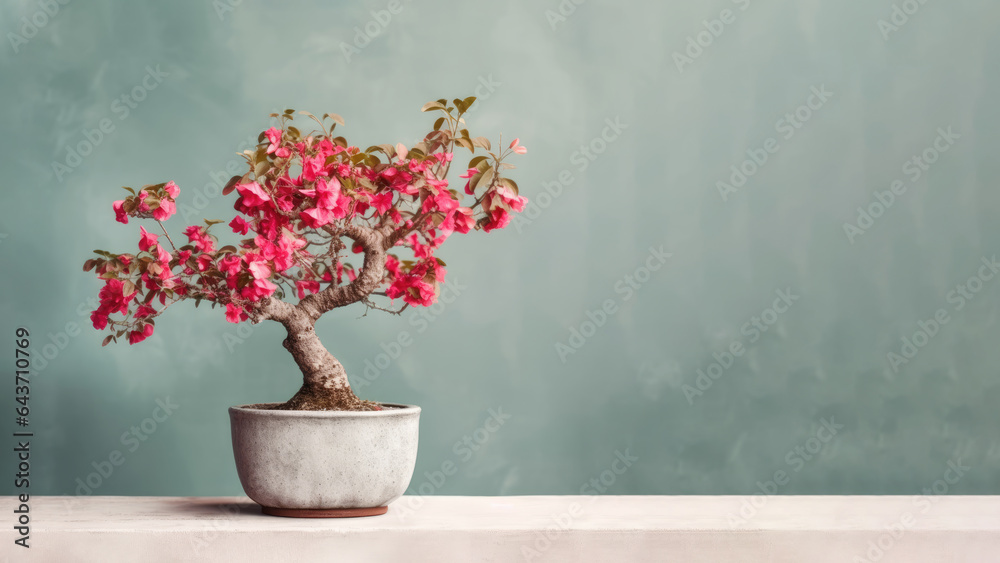 Traditional bonsai miniature red bracts bougainvillea flower plant blooming in a ceramic pot, soft gradient blur background. Traditional bonsai miniature red bracts bougainvillea flower plant blooming in a ceramic pot, soft gradient blur background.