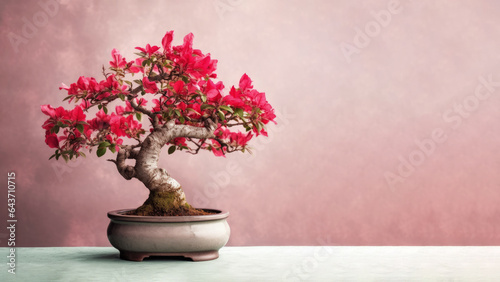 Traditional bonsai miniature red bracts bougainvillea flower plant blooming in a ceramic pot, soft gradient blur background.