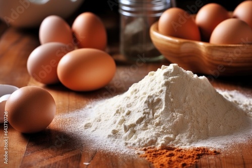 close-up of flour and eggs on wooden countertop