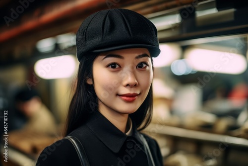 Close-up portrait photography of a blissful girl in his 30s wearing a sophisticated pillbox hat at the tsukiji fish market in tokyo japan. With generative AI technology