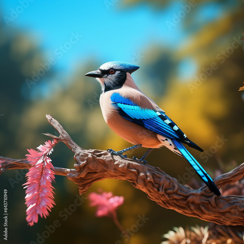 Blue jay bird sitting on a branch in the autumn forest. ai generated photo