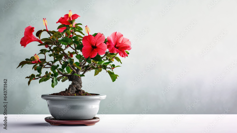 Traditional bonsai miniature red hibiscus flower plant blooming in a ceramic pot, soft gradient blur background.