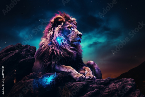 Lion on the rock. Fantasy background. 3D illustration. ai generated photo