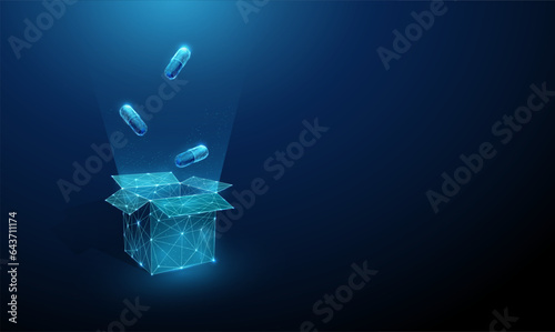 Abstract open gift box and flying medical capsules. Online pharmacy concept. Low poly style design.