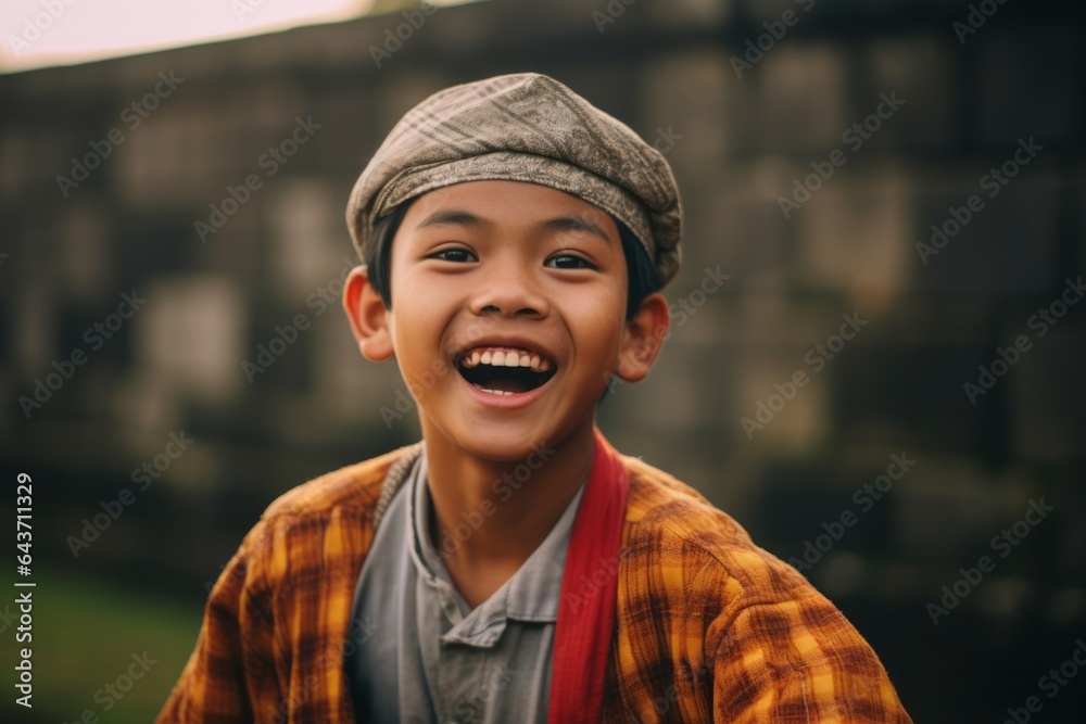 Close-up portrait photography of a joyful boy in his 20s wearing a stylish beret at the borobudur temple in magelang indonesia. With generative AI technology Close-up portrait photography of a joyful boy in his 20s wearing a stylish beret at the borobudur temple in magelang indonesia. With generative AI technology