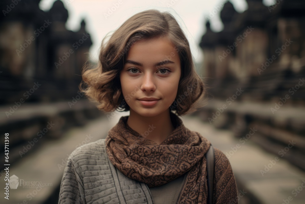 Close-up portrait photography of a tender girl in her 20s wearing a padded cycling jersey at the borobudur temple in magelang indonesia. With generative AI technology Close-up portrait photography of a tender girl in her 20s wearing a padded cycling jersey at the borobudur temple in magelang indonesia. With generative AI technology