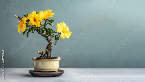 Traditional bonsai miniature yellow hibiscus flower plant blooming in a ceramic pot, soft gradient blur background. photo