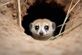 meerkat peeking out of burrow entrance