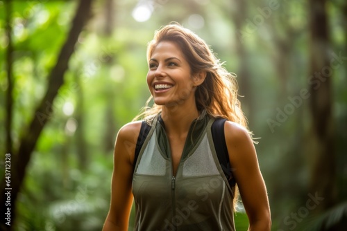 Lifestyle portrait photography of a joyful girl in her 40s wearing a breathable mesh vest at the amazon rainforest in brazil. With generative AI technology