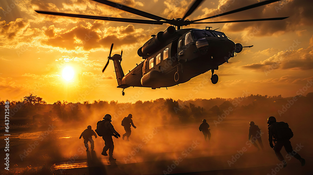 Marines descending  helicopter drops during sunset. Generative Ai - obrazy, fototapety, plakaty 