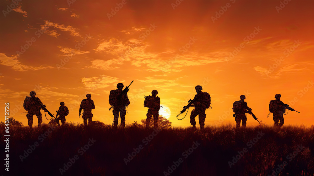 Silhouettes of military on the battlefield at sunset. Generative Ai