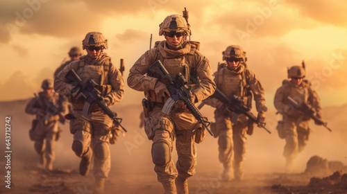 Team of Modern warfare soldiers moving forward. Generative Ai