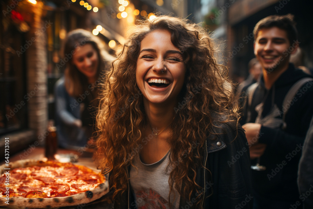 Young people dining and having fun eating italian pizza together - Happy friends eating food at restaurant patio - Youth life style concept on warm evening filter. - obrazy, fototapety, plakaty 