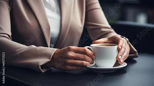 Close up image of a business person holding a cup of coffee