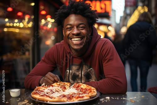 Young Africa American man eats a pizza outdoor. Fast food concept.