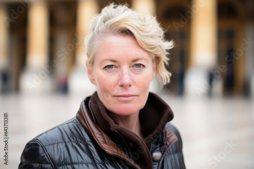 Close-up portrait photography of a glad mature woman wearing a classic leather jacket at the palace of versailles in versailles france. With generative AI technology