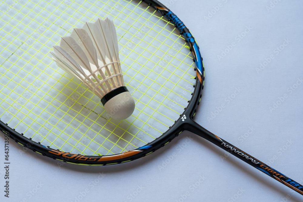 Doha, Qatar August 4, 2023 Yonex badminton racket and shuttlecock on