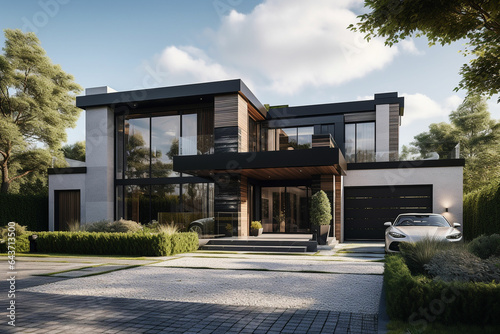 3d rendering of modern cozy house with pool and parking for sale or rent. Black car in front. Clear sunny summer day with blue sky. ai generated photo
