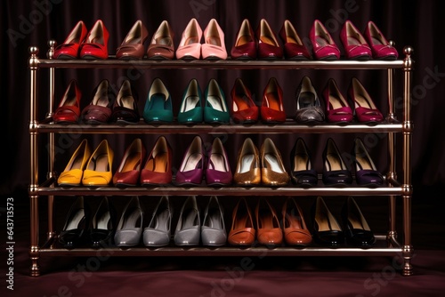 elegant polished shoes arranged on a rack