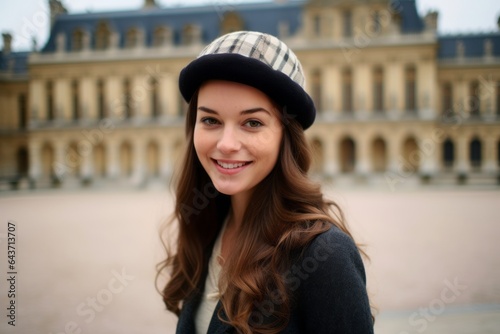 Medium shot portrait photography of a joyful girl in his 30s wearing a sophisticated pillbox hat at the palace of versailles in versailles france. With generative AI technology photo