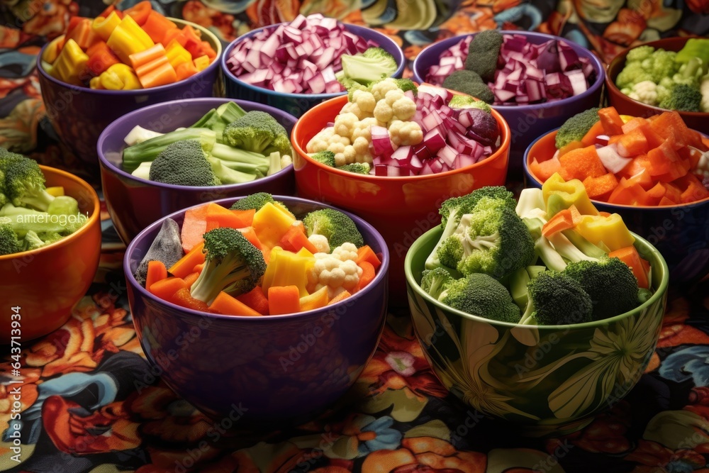 chopped vegetables in colorful bowls