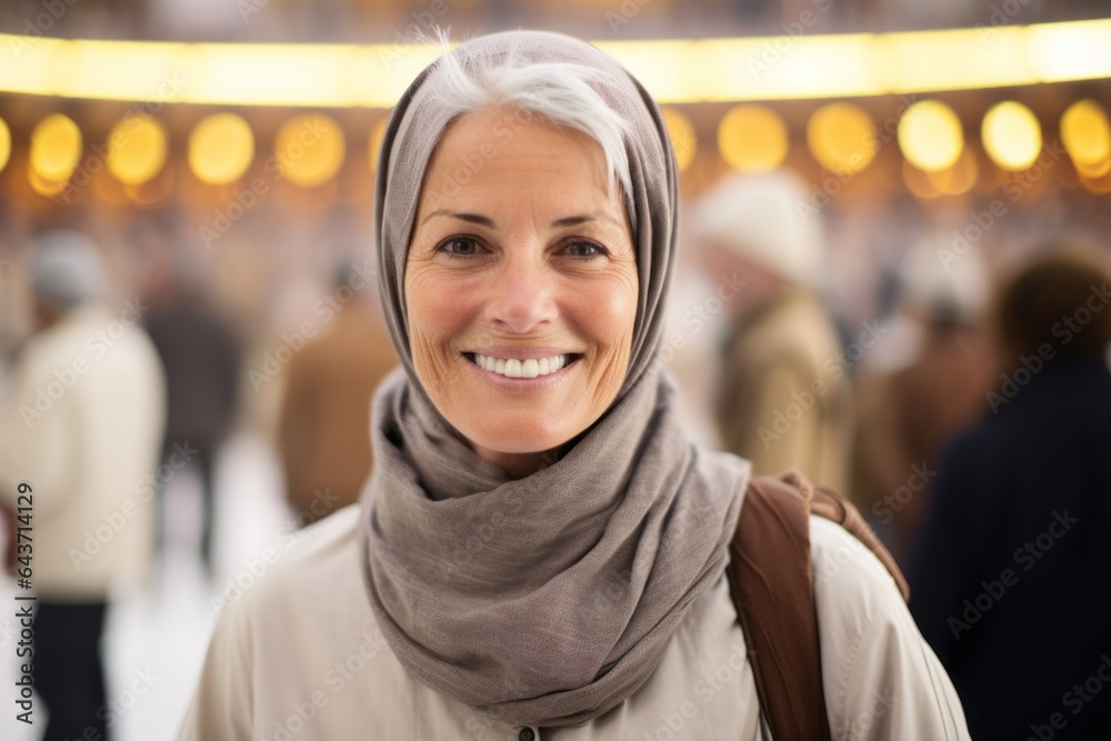 Headshot portrait photography of a cheerful mature woman wearing a thermal insulation vest at the mecca in saudi arabia. With generative AI technology