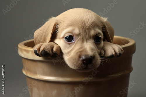 Cute puppy in a clay pot with lettuce on a black background. ai generated photo