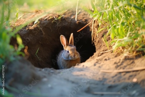 rabbit digging hole near a burrow entrance photo