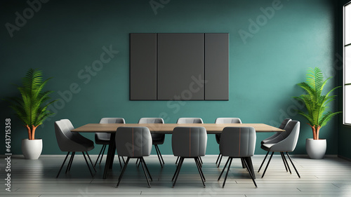 Modern meeting room with empty grey tosca wall, empty space office background mockup. Generative AI