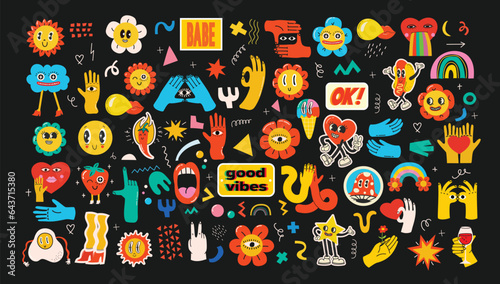 Groovy hippie stickers set. Comic happy retro girls, geometric stickers, characters in trendy retro 60s 70s cartoon style. Vintage vector illustrations.