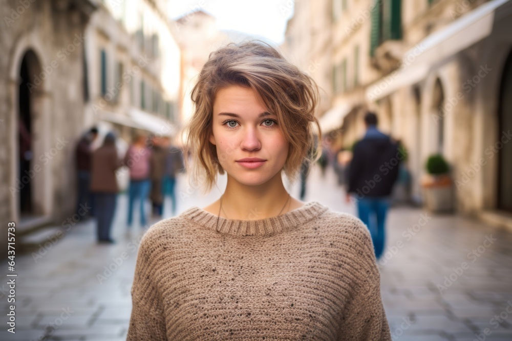 Medium shot portrait photography of a glad girl in her 30s wearing a thermal fleece pullover at the dubrovnik old town in dubrovnik croatia. With generative AI technology Medium shot portrait photography of a glad girl in her 30s wearing a thermal fleece pullover at the dubrovnik old town in dubrovnik croatia. With generative AI technology