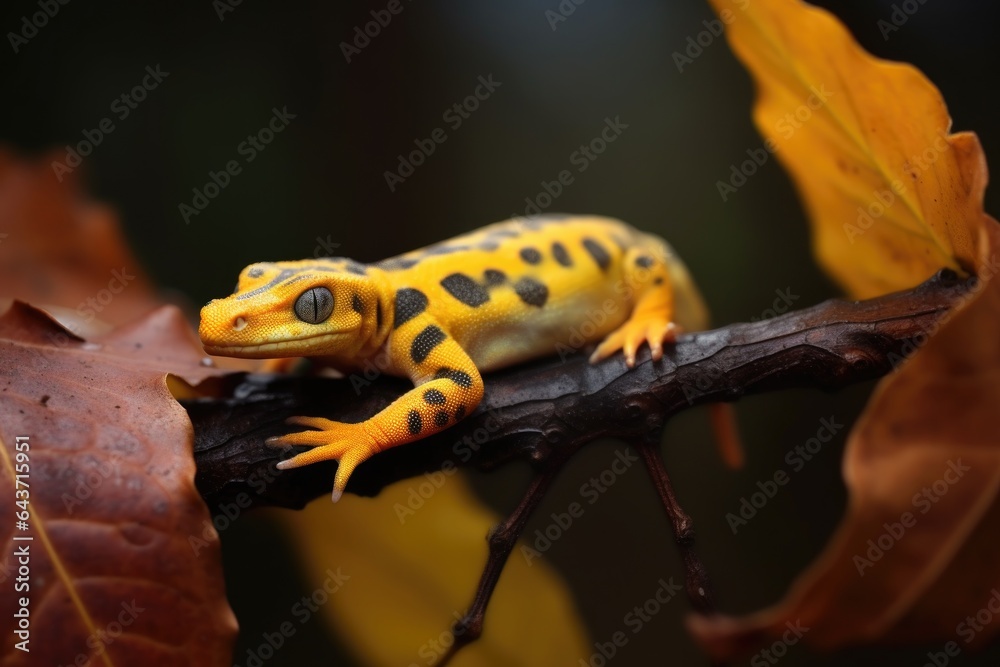 Fototapeta premium salamandra odpoczywająca na liściu podczas odrostu gałęzi