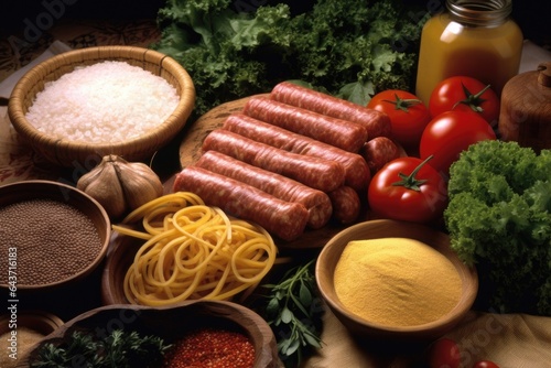 sausage ingredients: minced meat, spices, and casings